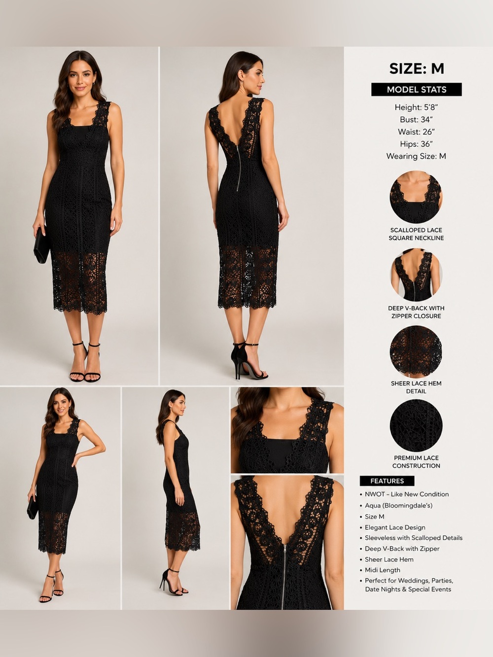 NWOT Aqua Black Lace Midi Cocktail Dress Size M